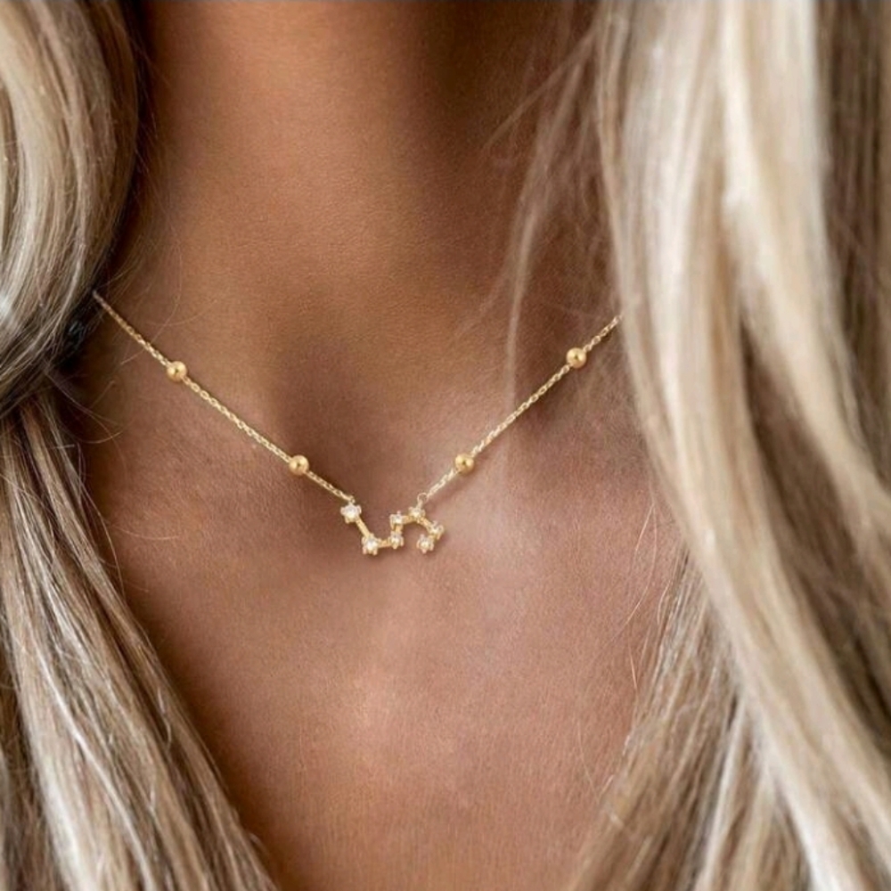 NEW! 14K Gold Plated Diamond Virgo Constellation Zodiac Beaded Station Necklace
